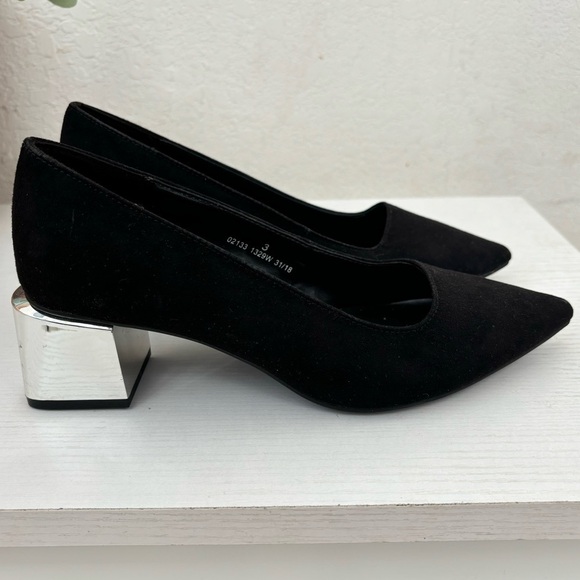 Marks & Spencer Black Suede Heels with Chunky Silver Mirror Heel Sz 5 - Picture 1 of 7